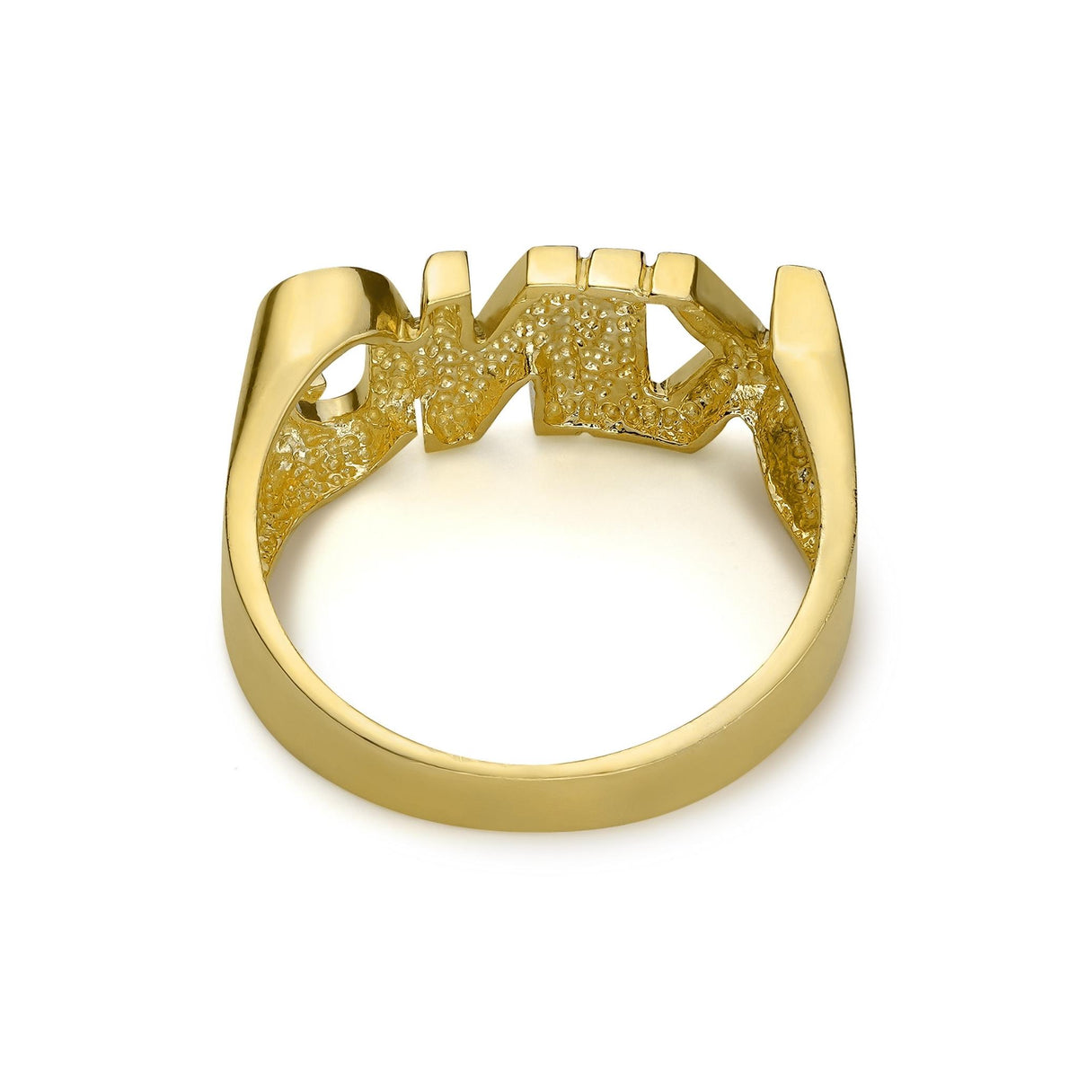 Back view of gold KING ring showing textured interior pattern on white background
