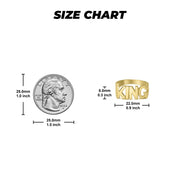 Size chart comparing a gold KING ring with a quarter on white background.
