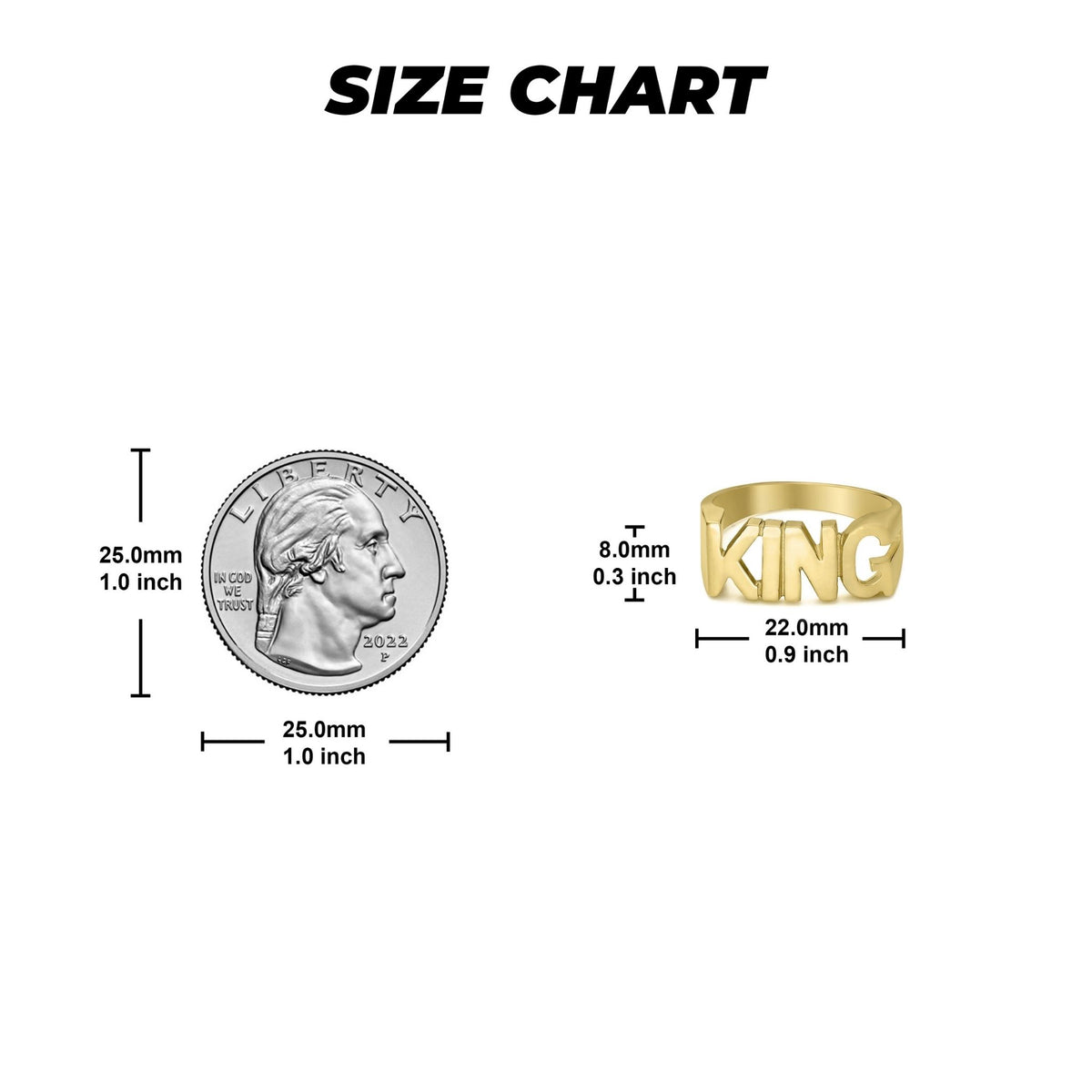 Size chart comparing a gold KING ring with a quarter on white background.