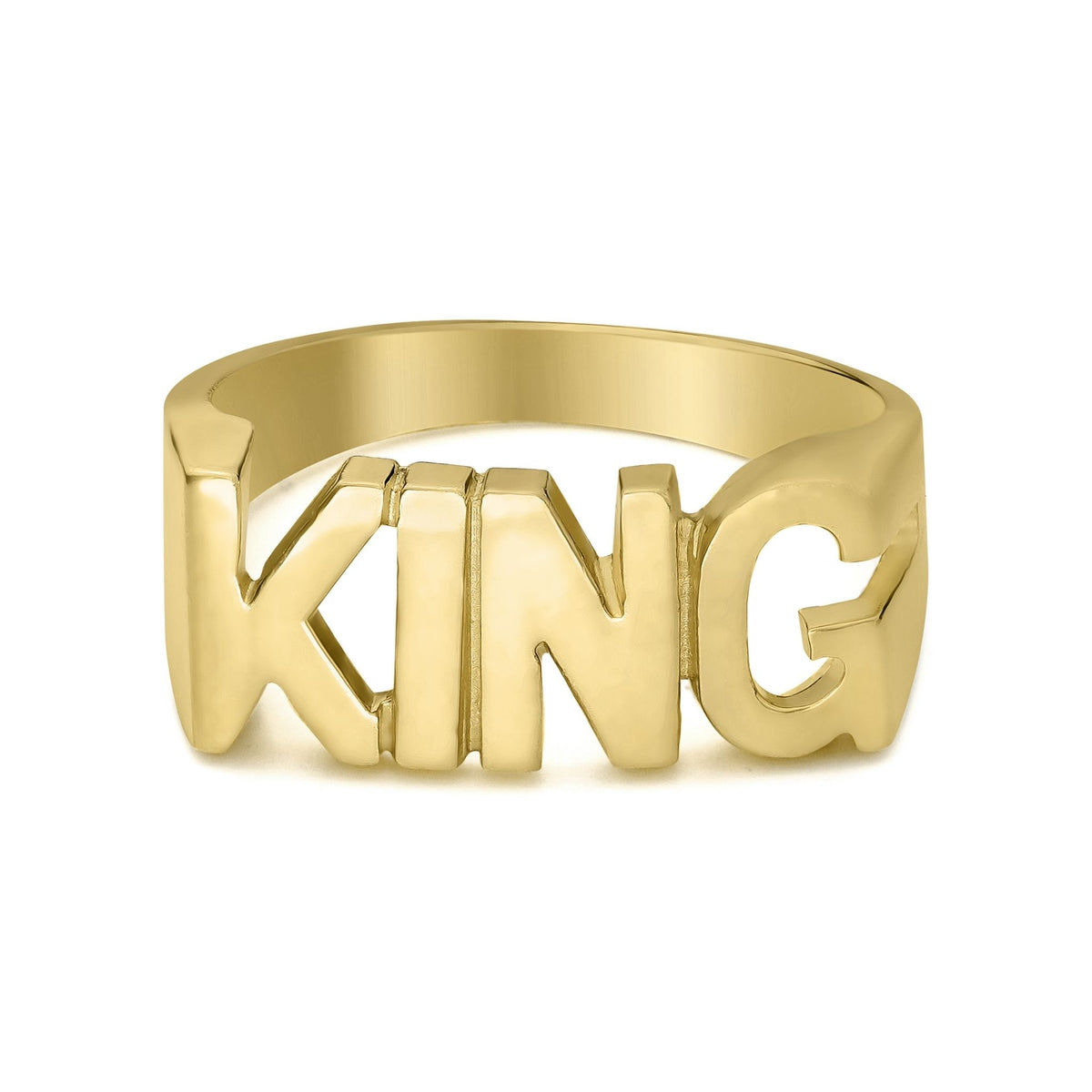 Front-facing view of a 10k yellow gold ring spelling KING on white background.
