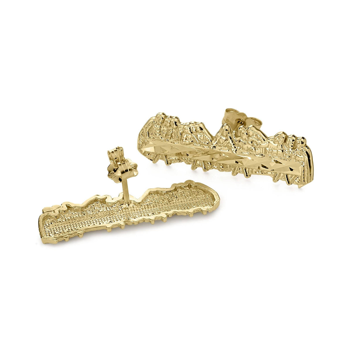 Detailed back and front view of 10k gold horizontal Last Supper stud earrings.