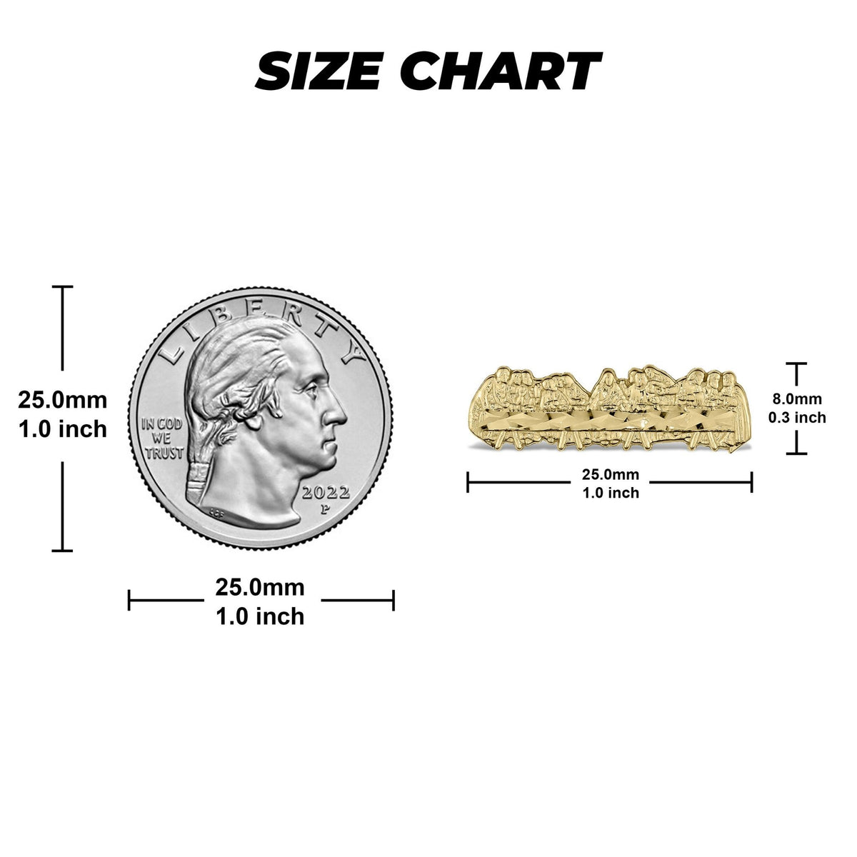 Size chart displaying the 25.0mm gold horizontal Last Supper earring with a quarter.