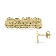 Front and side profile of 10k gold classic horizontal Last Supper stud earrings.