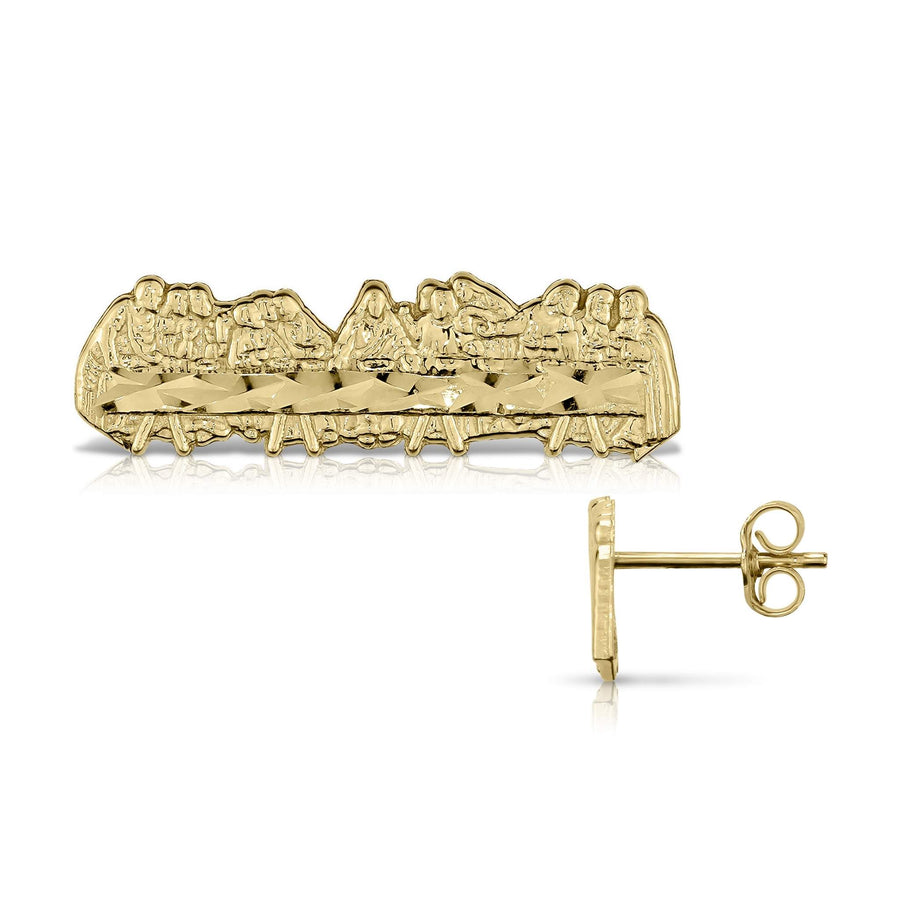 Front and side profile of 10k gold classic horizontal Last Supper stud earrings.