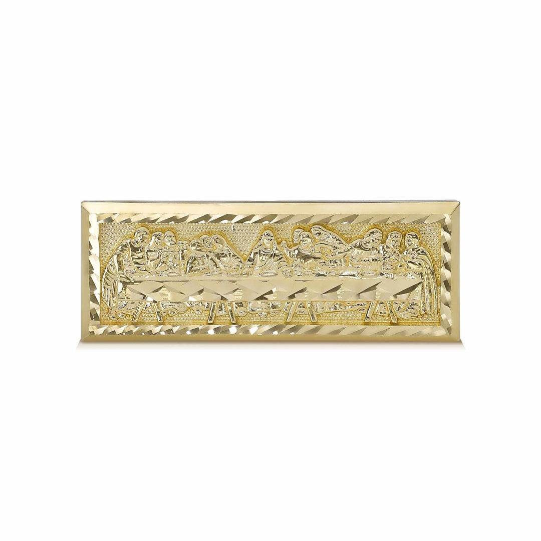 Direct front view of a 10k yellow gold classic Last Supper two-finger ring