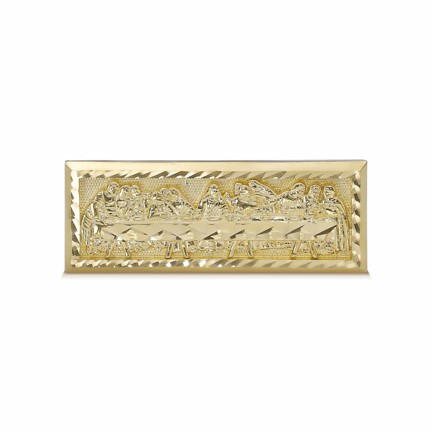 Direct front view of a 10k yellow gold classic Last Supper two-finger ring