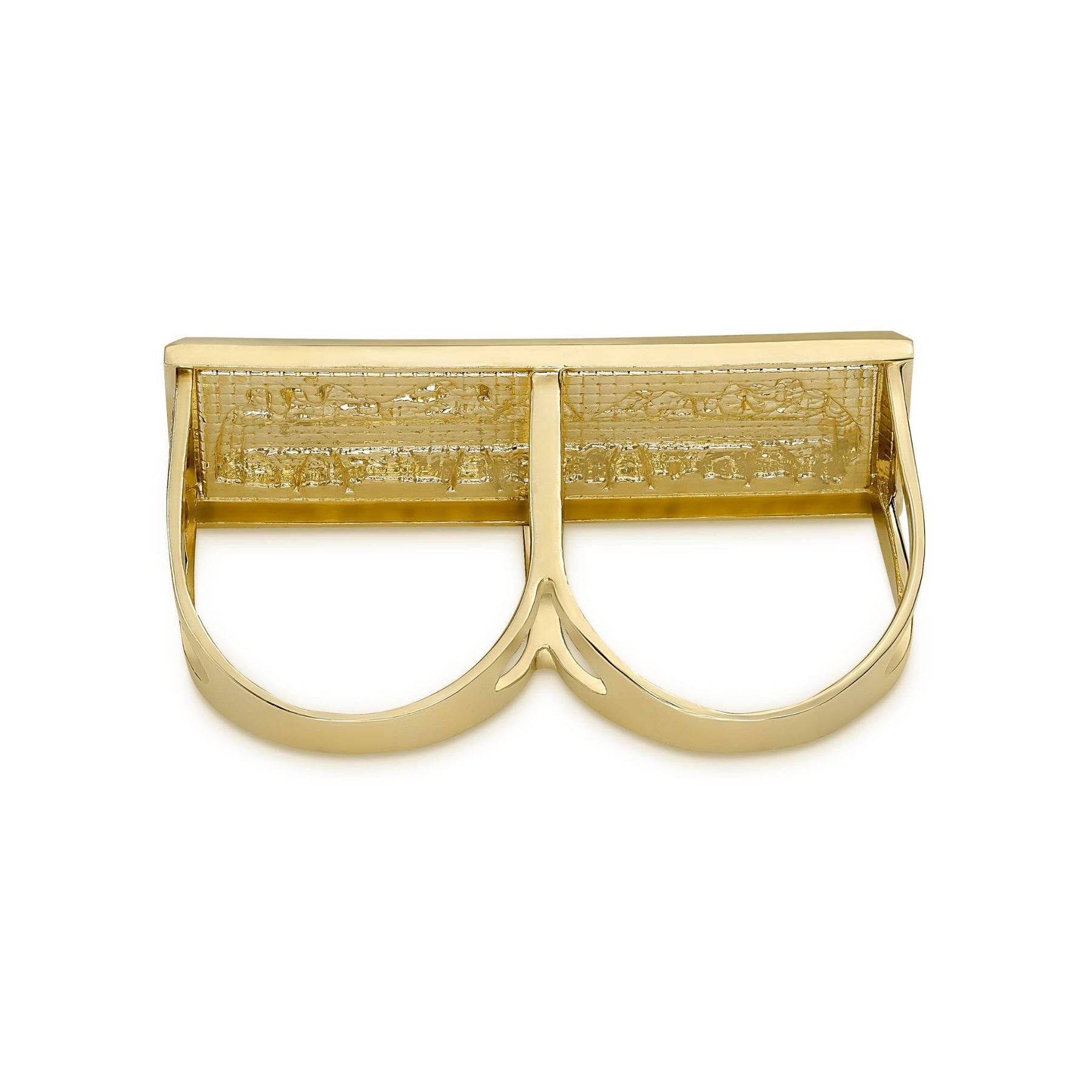 Rear view of a 10k yellow gold classic Last Supper two-finger ring showing dual bands.