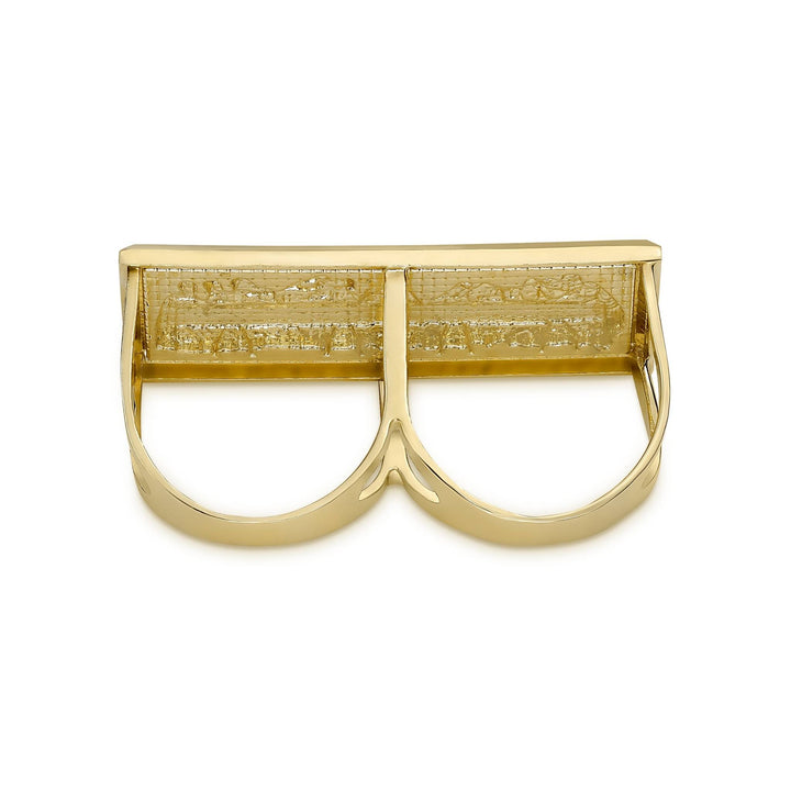 Rear view of a 10k yellow gold classic Last Supper two-finger ring showing dual bands.