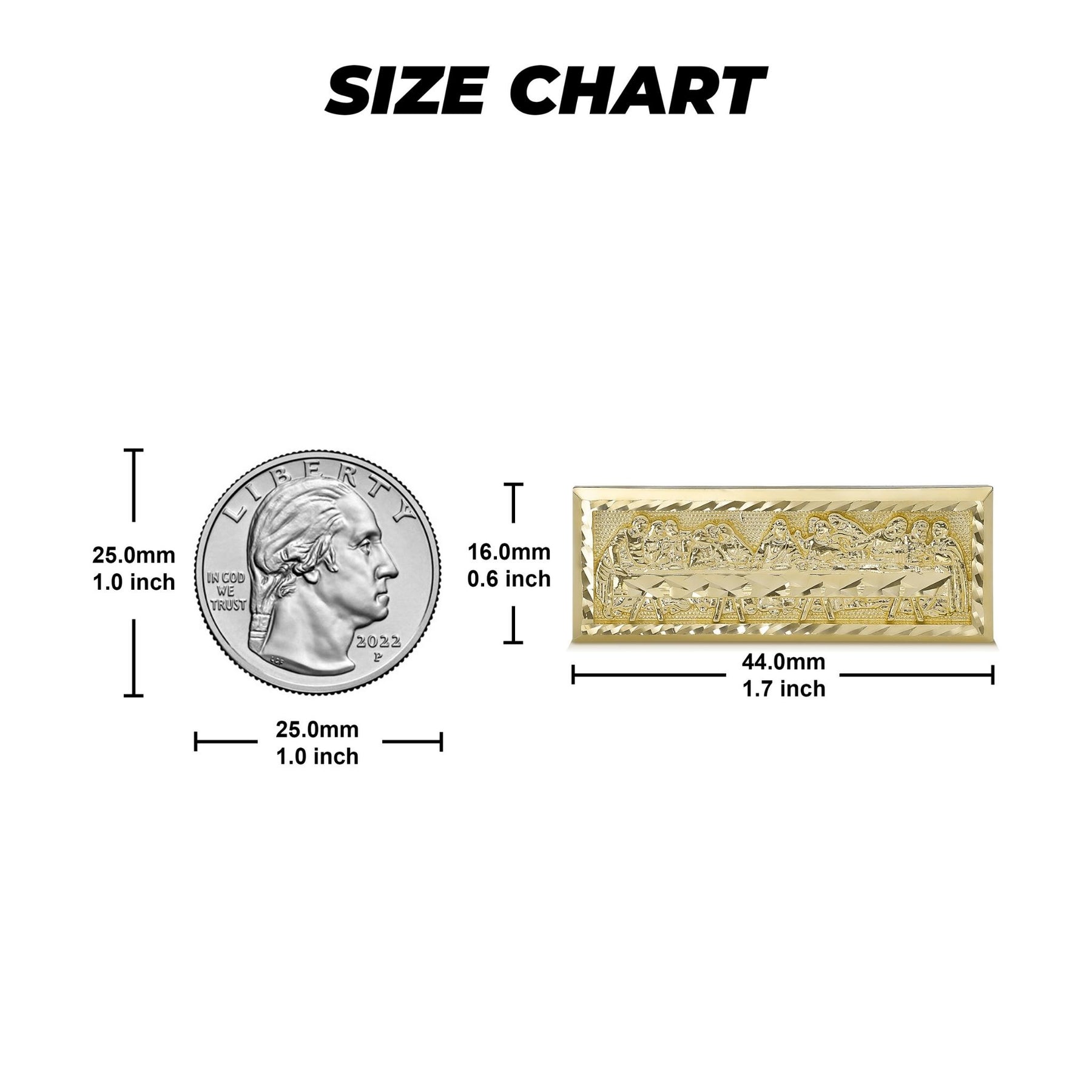 10k gold classic Last Supper two-finger ring size guide with millimeter measurements.