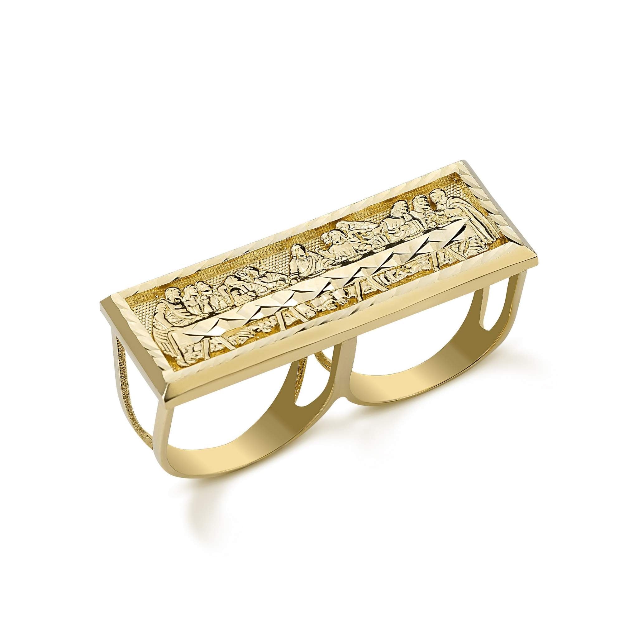 Front angled view of a 10k yellow gold classic Last Supper two-finger ring