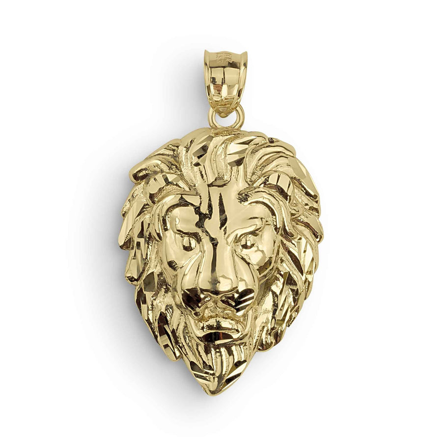 Polished 10k yellow gold lion head pendant with a detailed mane and secure bail.