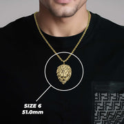 Man wearing a 10k yellow gold lion pendant necklace demonstrating Size 6 scale.