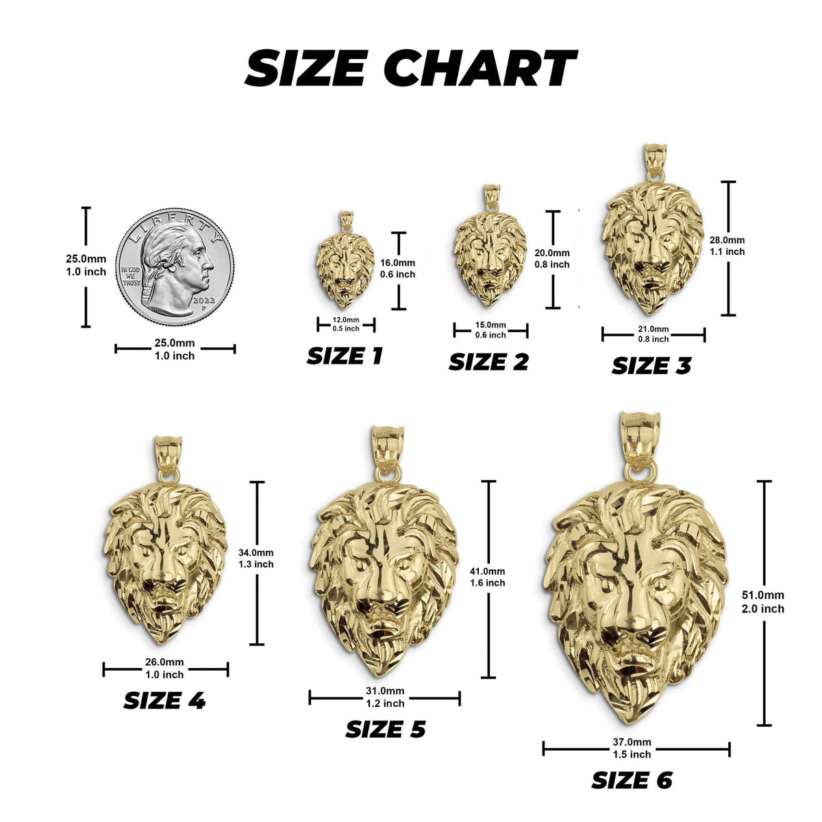 Size chart showing six gold lion pendants with millimeter and inch measurements.