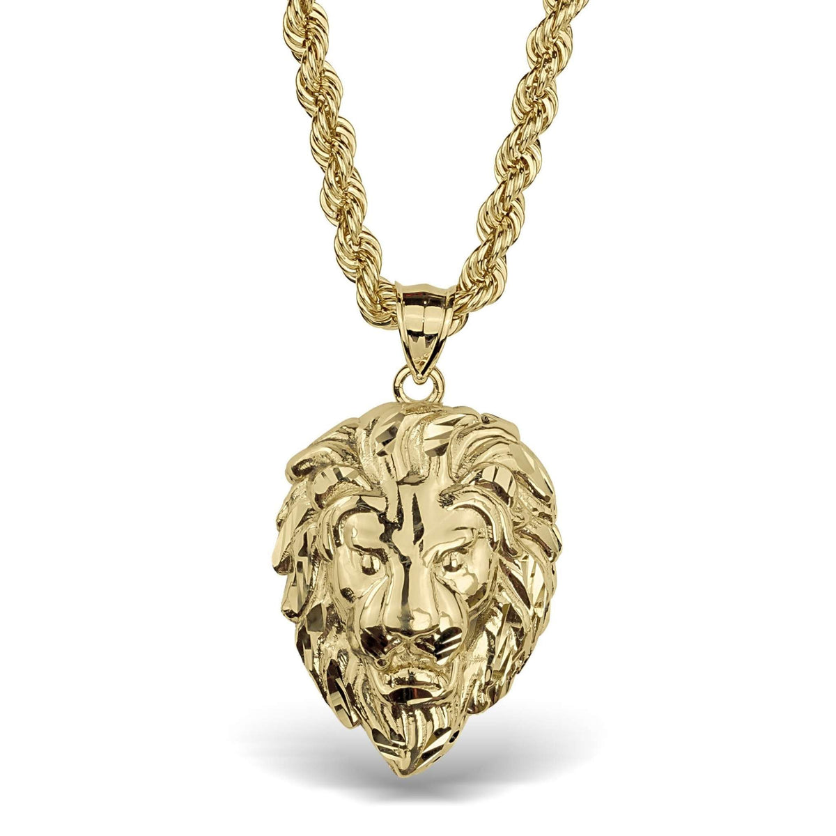 Angled view of the 10k yellow gold lion head pendant showcasing its polished depth.