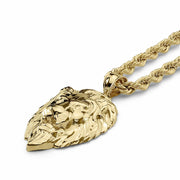 10k yellow gold lion head pendant suspended from a matching gold rope chain.