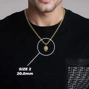 Man wearing a 10k yellow gold lion pendant necklace demonstrating Size 2 scale.
