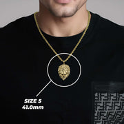 Man wearing a 10k yellow gold lion pendant necklace demonstrating Size 5 scale.