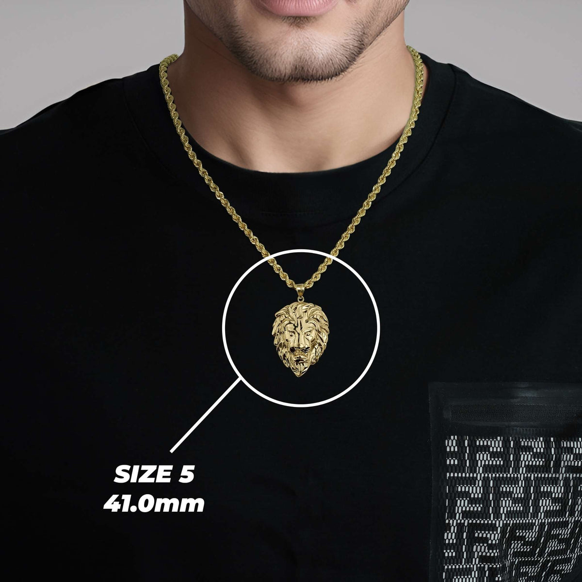 Man wearing a 10k yellow gold lion pendant necklace demonstrating Size 5 scale.