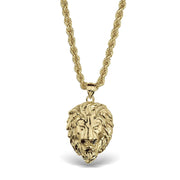 Front view of a 10k yellow gold lion head pendant necklace on rope chain.