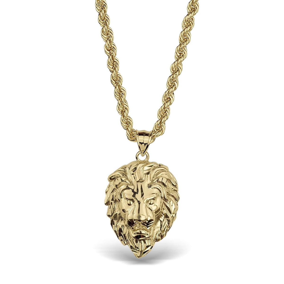 Front view of a 10k yellow gold lion head pendant necklace on rope chain.