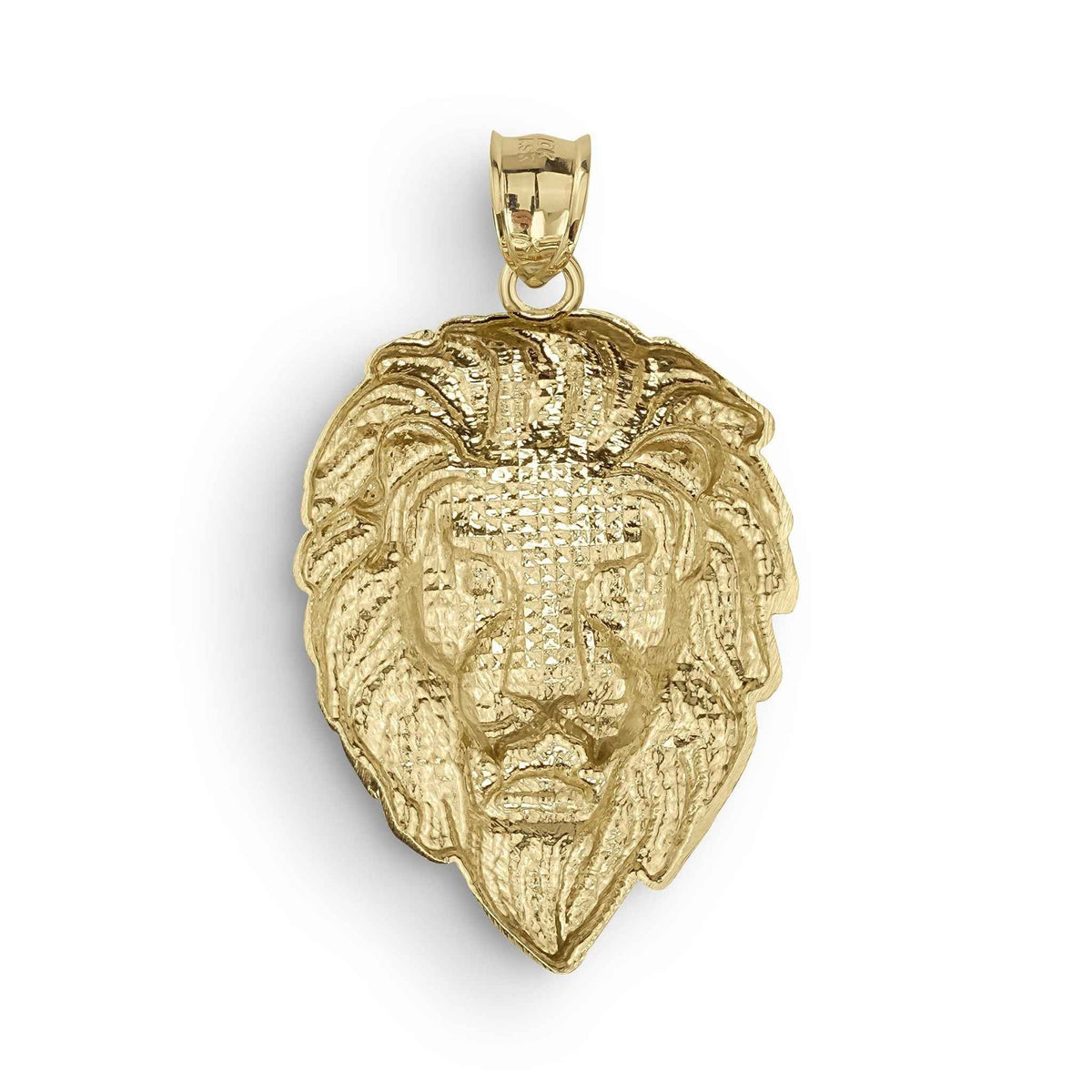 Rear view of a 10k yellow gold lion head pendant isolated on white background.