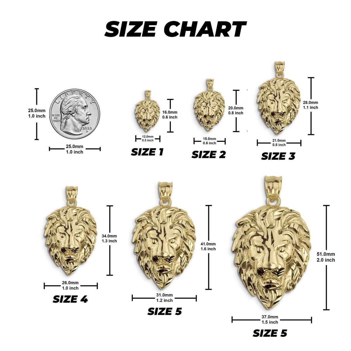Size chart graphic showing 10k gold classic lion head pendants next to a US quarter.