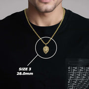 Model wearing Size 3 28.0mm 10k gold lion head pendant necklace