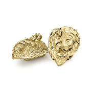 Detailed back and angled front view of 10k gold classic lion stud earrings.