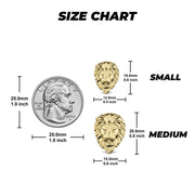Size chart displaying two gold lion stud earring sizes next to a quarter.