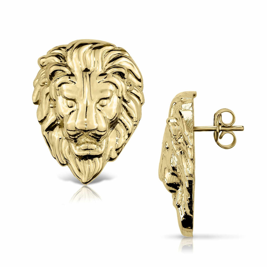 Front and side profile of 10k gold classic lion stud earrings.