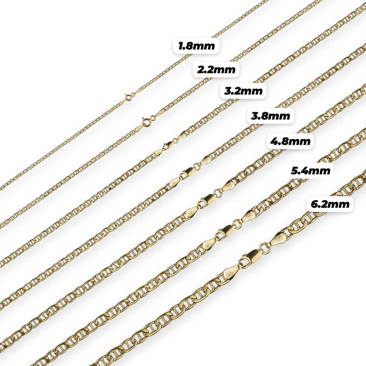 Seven 10k gold mariner chains arranged diagonally by width with size labels on white