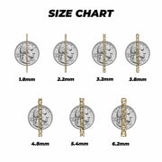 Size chart showing gold mariner chains placed over US quarter coins for width comparison.