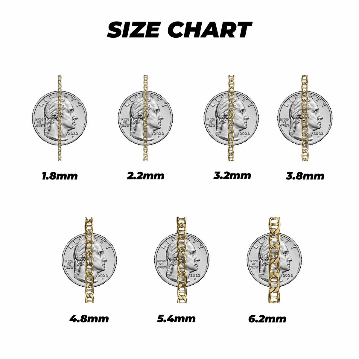 Size chart showing gold mariner chains placed over US quarter coins for width comparison.