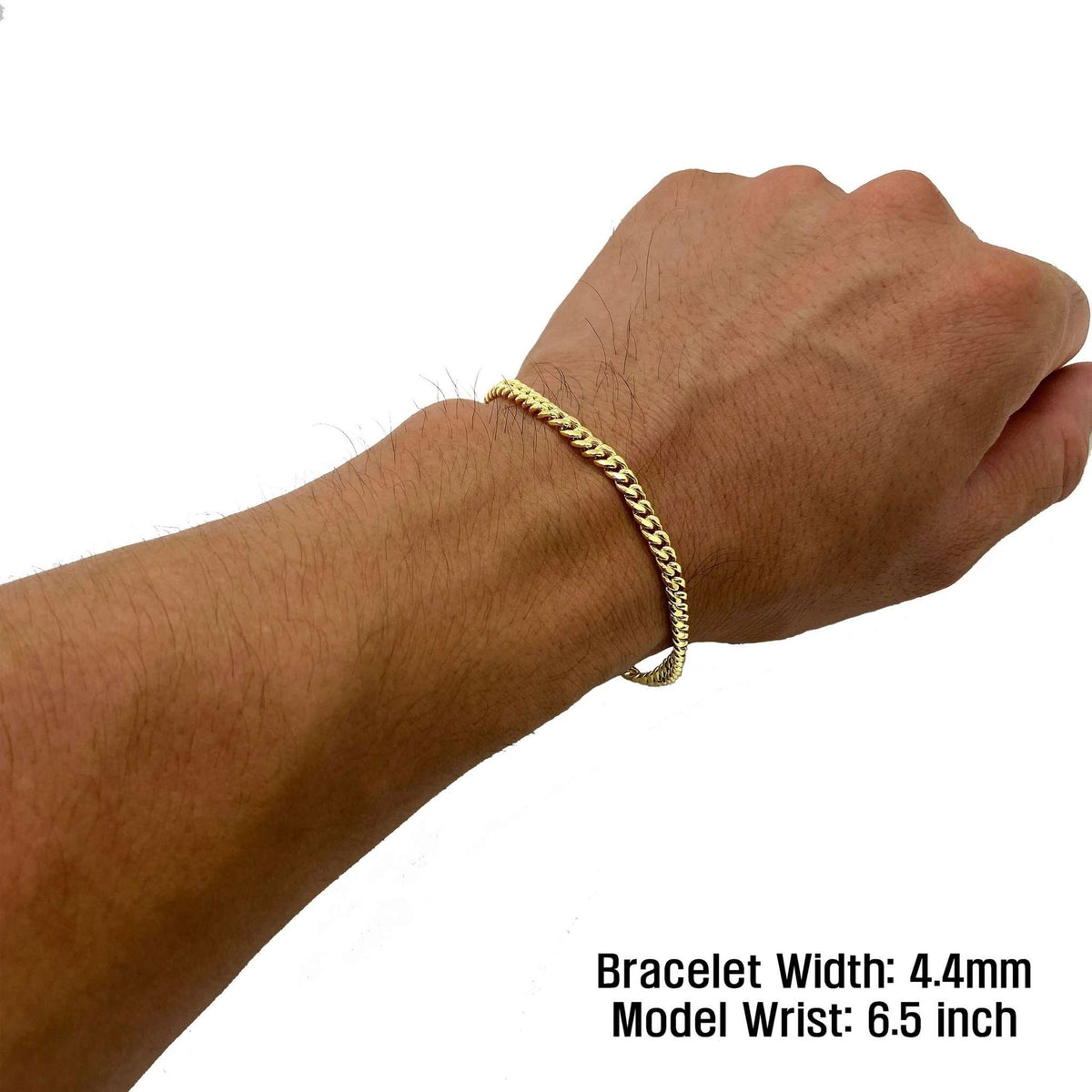 4.4mm 10k yellow gold Cuban chain bracelet modeled on a 6.5 inch wrist