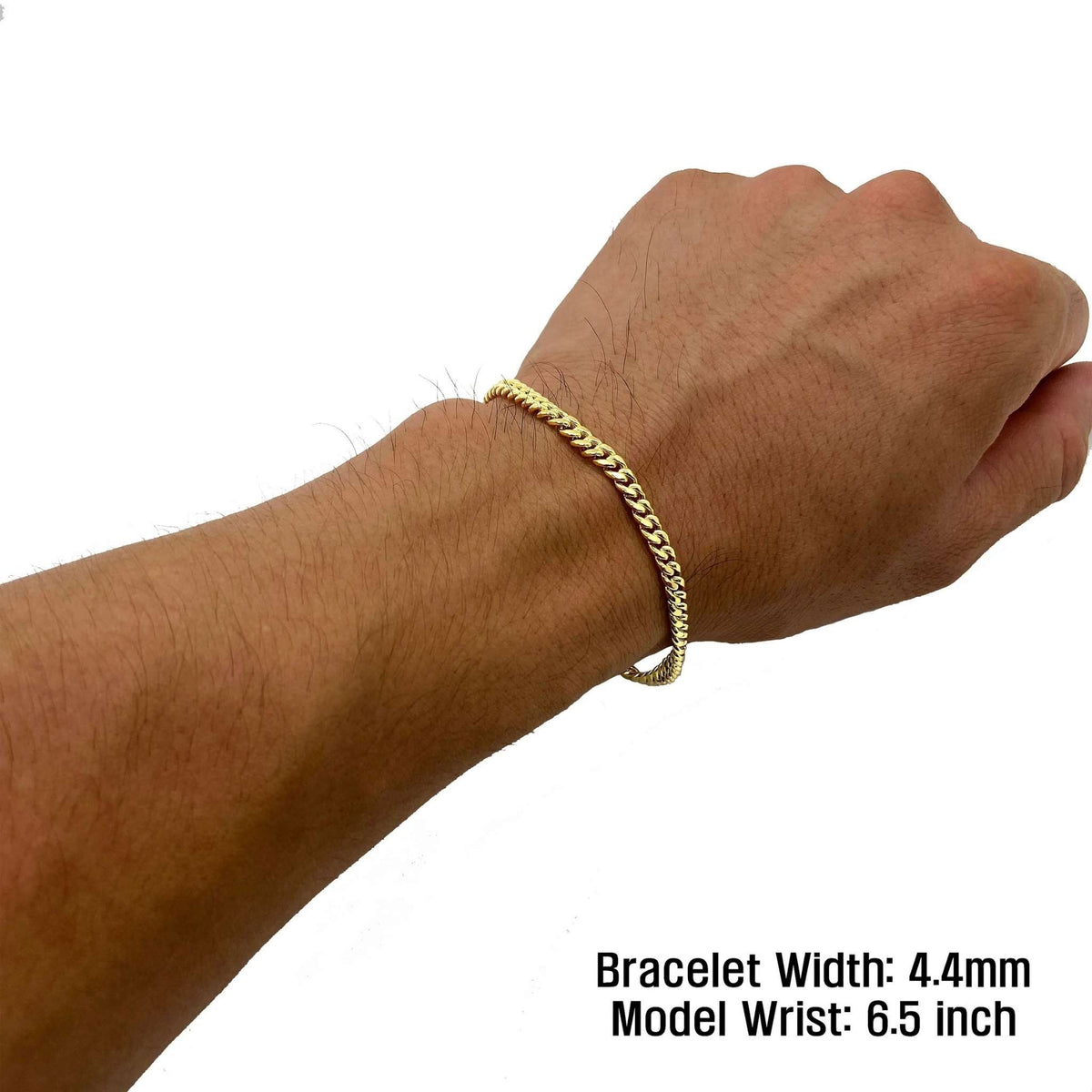 Semi-solid 10k gold Miami Cuban bracelet worn on wrist showing a 4.4mm width.