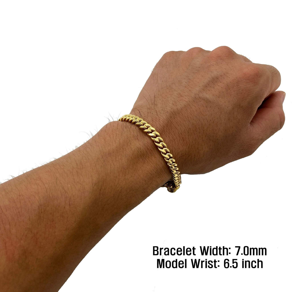 Semi-solid 10k gold Miami Cuban bracelet worn on wrist showing a 7.0mm width.