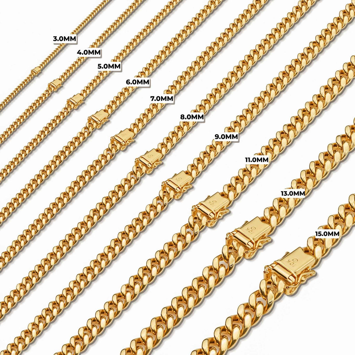 10k gold classic Miami Cuban chain width size comparison chart ranging from 3.0mm to 15.0mm.