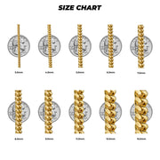 10k gold classic Miami Cuban chain thickness size guide with quarter coins for scale reference.