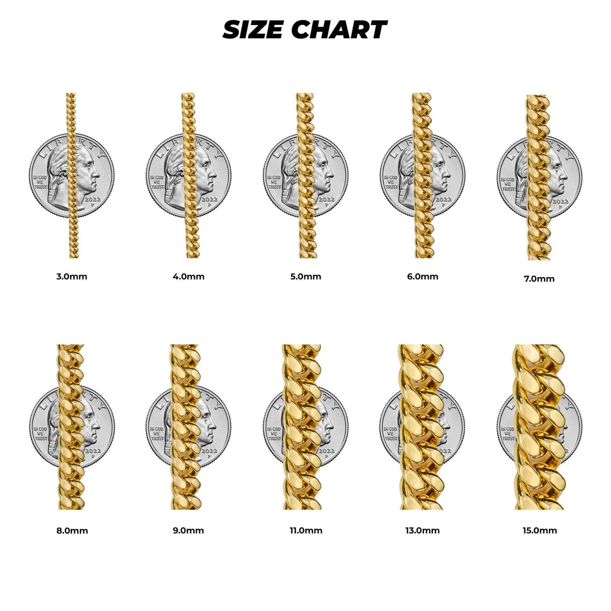 10k gold classic Miami Cuban chain thickness size guide with quarter coins for scale reference.