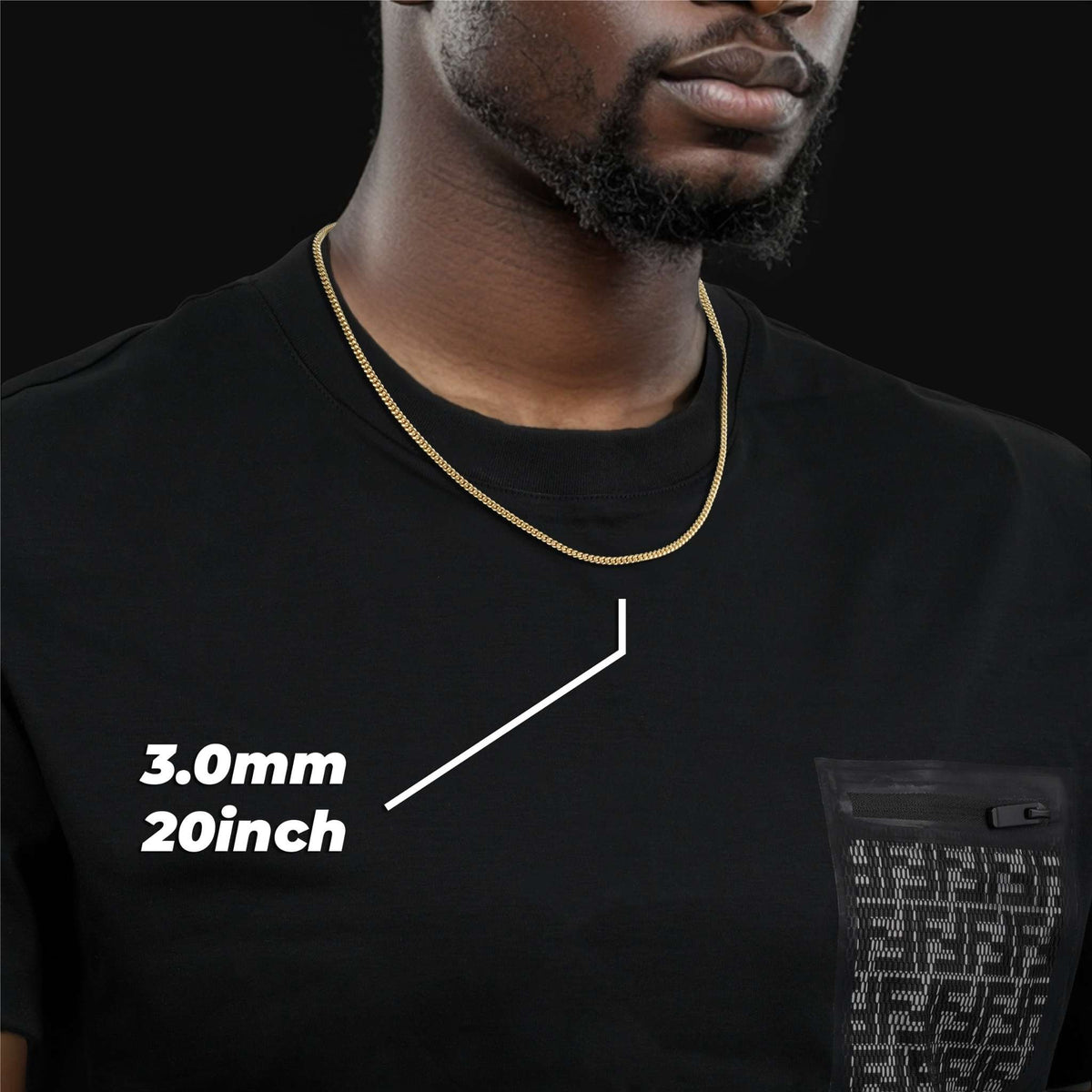 Model wearing a 3.0mm, 20-inch 10k gold classic Miami Cuban chain over a black t-shirt.