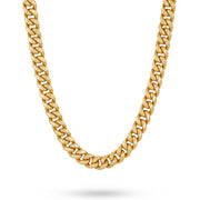 Polished 10k yellow gold hollow Miami Cuban link chain hanging in a U-shape on a clean background.