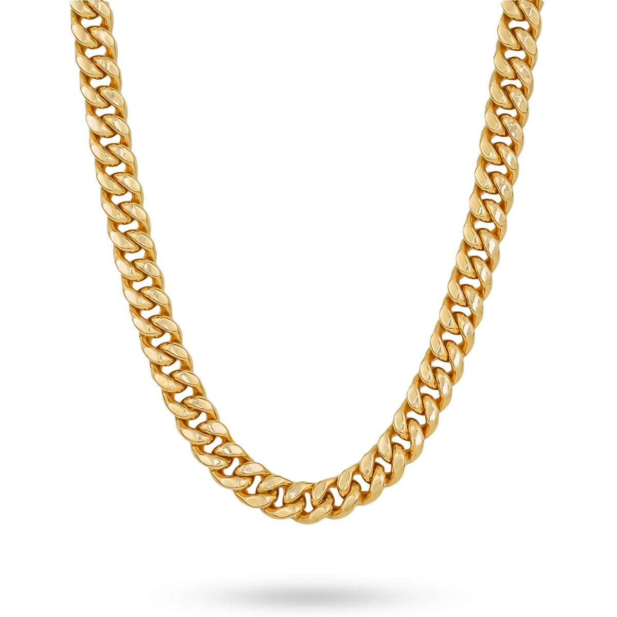Polished 10k yellow gold hollow Miami Cuban link chain hanging in a U-shape on a clean background.