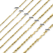 10k yellow gold classic Milano chain width comparison chart ranging from 2.5mm to 8.0mm.
