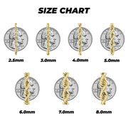 10k yellow gold Milano chain size chart comparing 2.5mm–8.0mm widths against quarters.
