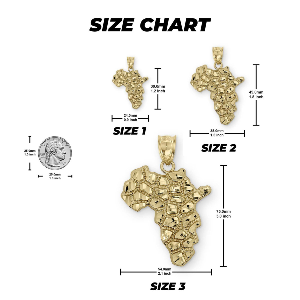 Size chart for 10k Gold Classic Nugget Africa Map Pendant showing dimensions.