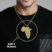 Man wearing the 10k Gold Classic Nugget Africa Map Pendant showing Size 3 dimensions.