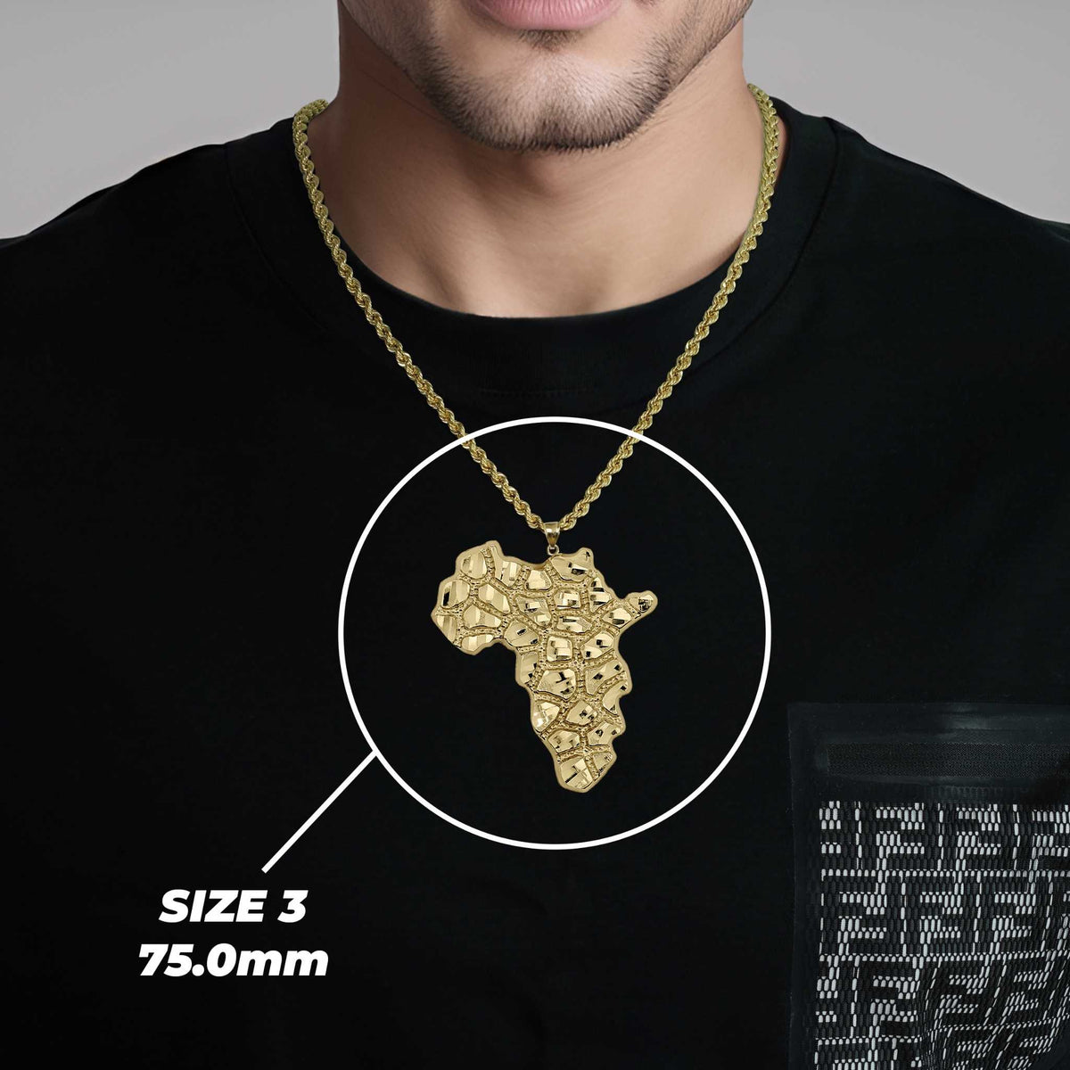 Man wearing the 10k Gold Classic Nugget Africa Map Pendant showing Size 3 dimensions.