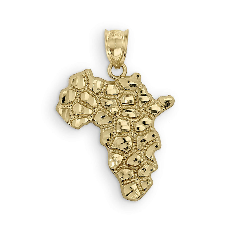 10k Gold Classic Nugget Africa Map Pendant featuring a textured, faceted surface and polished bail.