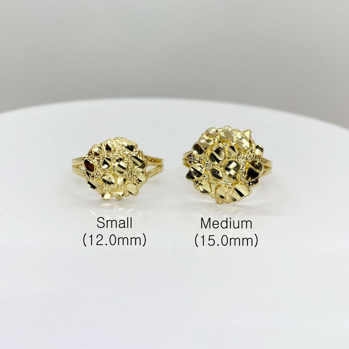 10k yellow gold nugget ring angled view highlighting round nugget head texture