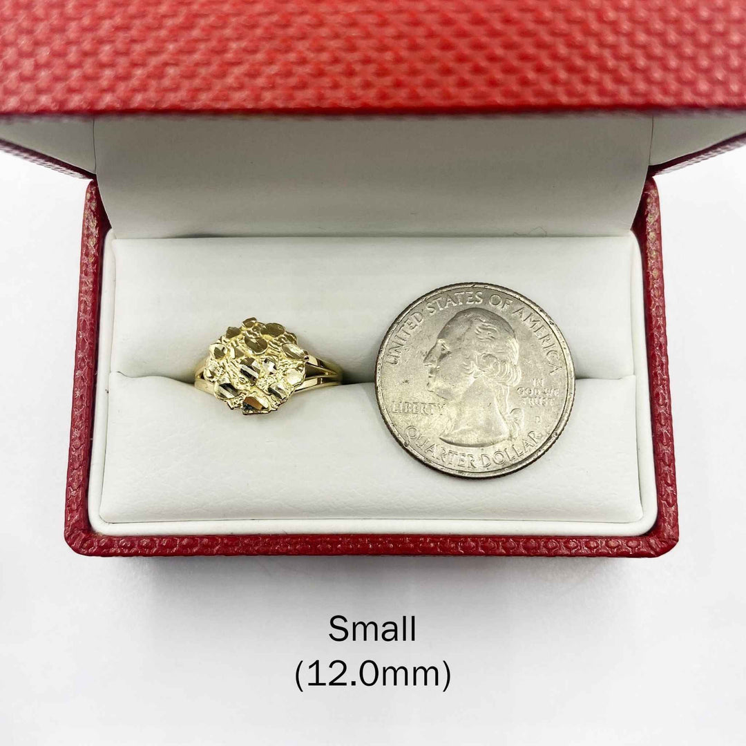 Small size 10k gold nugget ring on white background, 12mm nugget width